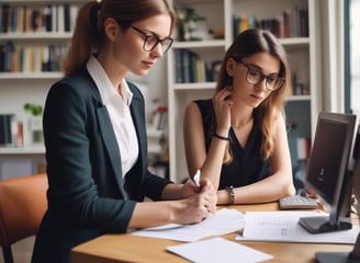 A professional consultation setting with a medical professional sitting at a desk facing a client. The room has a modern aesthetic with white walls decorated with framed certificates. The desk is organized with office supplies, a laptop, and a fruit bowl in the center.