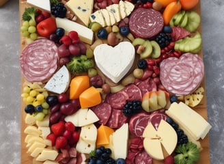 A richly stocked delicatessen displaying an array of cured meats, cheeses, and other gourmet foods. Various types of sausages and hams hang from the ceiling, while wheels of cheese and packaged goods are arranged on the countertop. There are shelves with wine bottles and boxes of pasta, creating a cozy and inviting atmosphere.