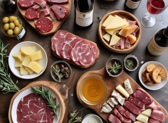 A wooden table displaying a plate of assorted charcuterie including prosciutto, salami, and cheese alongside a small dish of honey with a cinnamon stick. Next to the plate is a basket with slices of rustic bread. A glass of red wine is placed beside the basket, completing the setting.