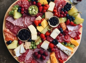 An assortment of artisanal bread and cured meats is arranged on a rustic wooden surface. The bread loaves are dark and crusty, with one loaf featuring visible olives. They are accompanied by a large piece of cured meat, displaying fine marbling and intricate cutting lines.