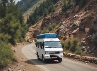 A colorful bus labeled 'Bharti Coach' navigates a winding road through a dense forest. The bus features vibrant decorations and patterns, with its front displaying various inscriptions and logos. Tall trees with thick trunks and lush foliage surround the road, casting shadows on the pavement.