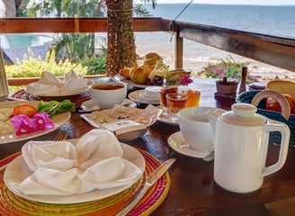 a table with plates of food and a cup of coffee