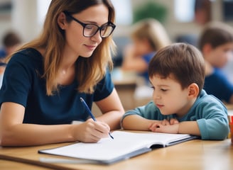 A group of young boys in white traditional attire are seated on the floor, intently reading from open books placed on low wooden tables in a classroom setting with muted colors and some books shelved on the side.