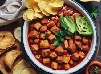 A Mexican restaurant with a vintage-style sign that reads 'Los Burritos Home Made Mexican Food.' The building is red and white with green accents. Two cars are parked in front, and tall palm trees are visible on either side of the image against a clear blue sky.