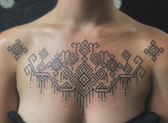 An handpoke tattoo featuring geomatric line symmetrical pattern, art tappis ornaments inspired