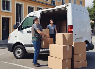 A black and white photograph captures a delivery scene where a man is unloading or organizing parcels from a truck. The back of the truck is open, revealing a variety of packages. In the background, there's a store with a prominent sign displaying 'GIOR' and numerous clothing items and mannequins visible inside. The street is busy, with another cart positioned near the truck.