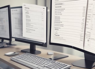 A MacBook Pro laptop displaying a software development environment with code on the screen. The desktop interface includes a smartphone emulator showing various application screens. The scene conveys a tech-focused workspace on a wooden surface.