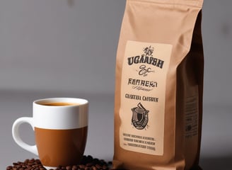 A hand holds a package of Trader Joe's Cameroon Mount Oku coffee, surrounded by lush green leaves. The coffee packaging features an abstract design with colors of blue, red, and gold, and provides details indicating it contains 100% Arabica whole bean coffee with flavor notes of honey, flower, sweet pepper, and chocolate.