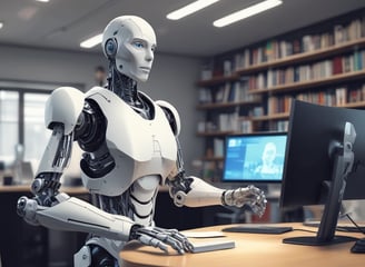 A small, round robot with a smooth white surface and blue accents operates a blue laptop on a sleek, floating platform. The robot has glowing eyes and an antenna on its head, with an 'AI' emblem on its front.