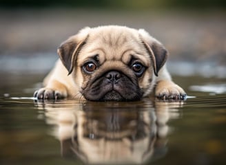 A Pug puppy sits in the water, its adorable face showing curiosity as it splashes gently with its pa