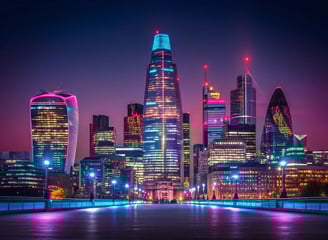 London skyline at night, illuminated buildings reflecting the vibrant city lights against a dark sky
