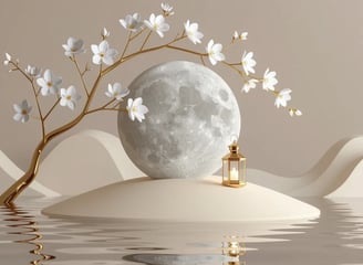 A serene island scene featuring a glowing moon above vibrant flowers, surrounded by calm water.
