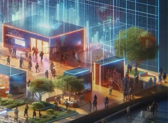 A modern exhibition space featuring interactive displays and informational panels predominantly in g
