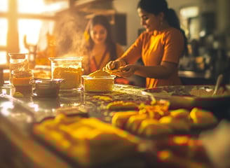 Indian woman is cooking in a kitchen with a lot of food