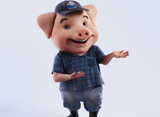 personagem cartoon, porco que trabalha numa ferragem, desastrado, 3D render, posição natural
