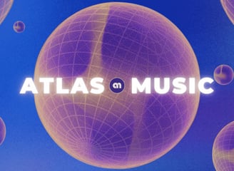 a large ball of music with a blue sky in the background