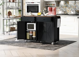a kitchen island with a microwave and oven