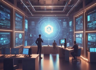 A futuristic business environment showcasing a secure and scalable blockchain application in action