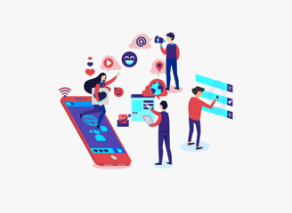 desenho de algumas pessoas mexendo em smartphone e fazendo propaganda