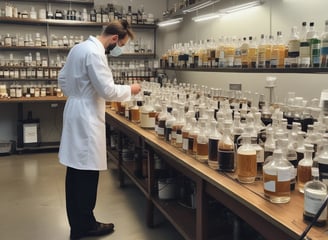 Multiple bottles of fragrance oil are neatly arranged on wooden shelves. The bottles vary in size and have labels with text both in English and another language. The lighting is warm, highlighting the sleek, dark-colored containers.