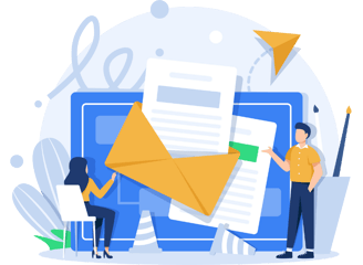 Illustration of two people working on email marketing, with one person sitting at a computer