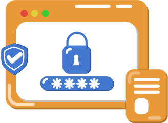 Illustration of a secure login screen with a password field, padlock icon, and shield symbol