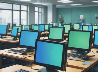 a row of computers with multiple monitors and monitors,