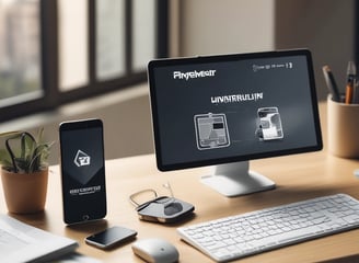 A laptop displaying a website design with the phrase 'Build your dream website.' next to a minimalistic building image. The scene also includes a modern mug and a smartphone placed on a wooden desk.