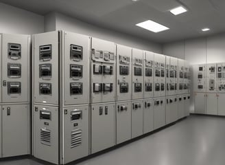 A large, industrial facility with multiple cylindrical metal tanks equipped with various pipes and valves. Control panels with lit indicators are mounted on the walls. A person in a reflective vest walks alongside a row of yellow safety railings.