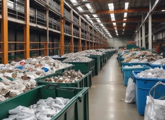 A large pile of household waste, primarily consisting of plastic bags filled with various types of cartons and bottles. The waste is organized in transparent bags with visible branding and labels.