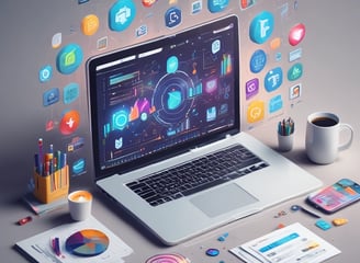 A person is sitting at a computer desk working on a video editing project. The workspace is illuminated by soft lighting from a large grid light panel. The computer screen displays a video editing software interface with various color grading tools and a small video preview. The person appears focused on their task.