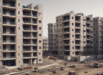 A partially constructed multi-story building with red brick-like panels and large glass windows. Steel beams are visible on the lower floors, indicating ongoing construction. Two cranes are positioned around the building, with one lifting machinery or materials. The sky is clear, contributing to good lighting conditions.