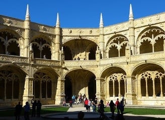 Lisbon - Inside courtyard at Jeronimos Monastery with fountains & intricate carved details