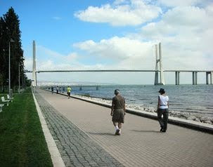 Lisbon - Park of the Nations' walkway along the Tagus River & views of Vasco da Gama Bridge