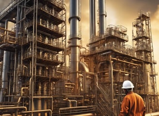 A detailed view of an industrial mechanical system, featuring metallic components such as pipes, valves, and bolts arranged in a complex structure. The surface of the metal parts is marked with technical inscriptions and a few spots of rust. Wires and connectors run alongside the metal parts, suggesting functionality related to machinery or engineering.