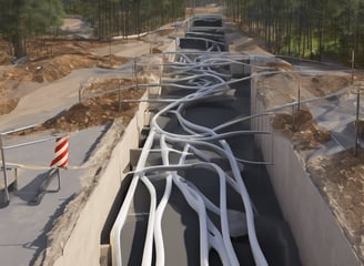 A large construction site with several elevated, rectangular concrete structures surrounded by scaffolding. Workers in safety gear are visible on the platforms. The background shows curved, tiered earthworks suggesting a large excavation or dam. There are shadows that cast a dramatic contrast over the scene.