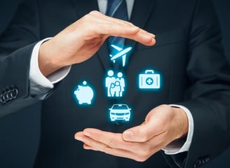 a man in a suit and tie is showcasing a car, a breifcase with + sign, people, airplane icons