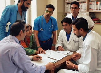 Medical professionals are performing surgery in an operating room equipped with overhead lights and medical equipment. IV bags are visible, and the team is focused on the patient lying on the operating table.