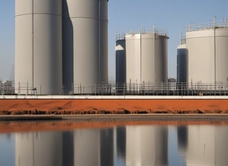 A large industrial setting with intricate piping and machinery connected by large white pipes supported by a yellow metal framework. The environment appears to be part of an offshore platform or processing facility.