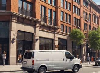 A person is standing inside an open van in a dark street, loading or unloading items. Nearby, there is a parked car and illuminated green signs for a business establishment.