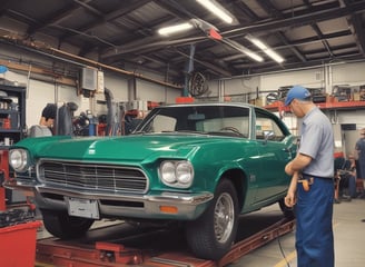 A car service or repair garage is depicted, with a vehicle hoisted on a lift. A laptop is placed on a nearby workstation with an open drawer filled with tools. The environment features tiled walls and floor, and equipment such as a tire changer and a balancing machine. Fluorescent lighting provides illumination.