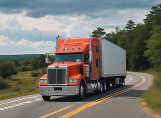 A red delivery truck is moving at high speed under an overpass on a wet road. The motion blur suggests fast movement, and the reflections on the pavement indicate recent rainfall. The truck has the word 'FORWARDERS' written on its side.