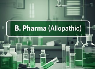 a group of laboratory equipment with a green sign that says b pharma. atal pharmacy collage