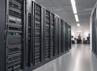 A digital rendering depicting a tall, metallic server rack positioned centrally on a platform. The server appears to have multiple blue-lit slots. Surrounding the rack, there are several stacks of cylindrical objects resembling databases or storage units, all set against a dark background.