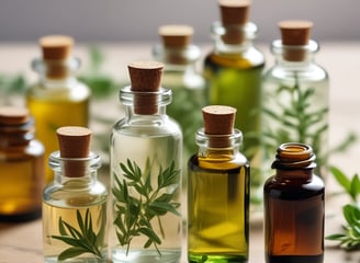 A collection of wellness products is displayed, including a brown glass dropper bottle with a blue label, jars with cream-colored labels, a small bowl with powder, and several capsules scattered on a light surface. Packaging with minimalist design features the brand 'beam' and labels such as 'clarity,' 'the fixer,' and 'revive.'