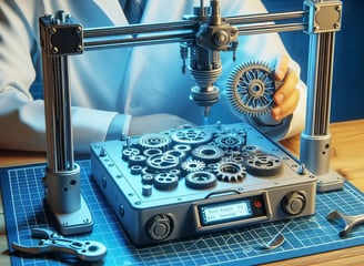 WIKXY Grey coloured, taylormade 3D printed gears on the 3D printer's table. Available at WIKXY 3D Printing in Stoke-on-Trent.