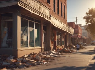 A scene depicting significant destruction, with a damaged vehicle covered in mud and debris in the foreground. The surrounding area is cluttered with broken pieces of wood, metal, and other wreckage. An American flag is visible amidst the chaos, suggesting a disaster or catastrophic event.