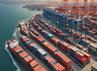 A large cargo ship loaded with colorful shipping containers is docked at a busy industrial port. Several towering cranes in blue and red are actively engaged in loading or unloading the containers onto the ship. The port is filled with stacks of containers, showcasing a bustling hub of maritime trade.