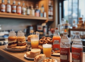 A tray holds a selection of fast food items including a can of Coca-Cola, a basket of french fries, a sandwich with a waffle-like texture on the bread, and several breaded chicken nuggets.