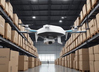 A drone is hovering in the foreground against a backdrop of a clear blue sky and a bright turquoise ocean. The design of the drone is sleek and modern, featuring a camera on its underside. The water and sky create a serene and expansive atmosphere.